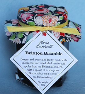 Brixton Bramble Jam: Deep red, sweet and fruity, made with unsprayed, untreated allotment blackberries and apples, with a splash of lemon juice. Delicious on a slice of seeded sourdough 